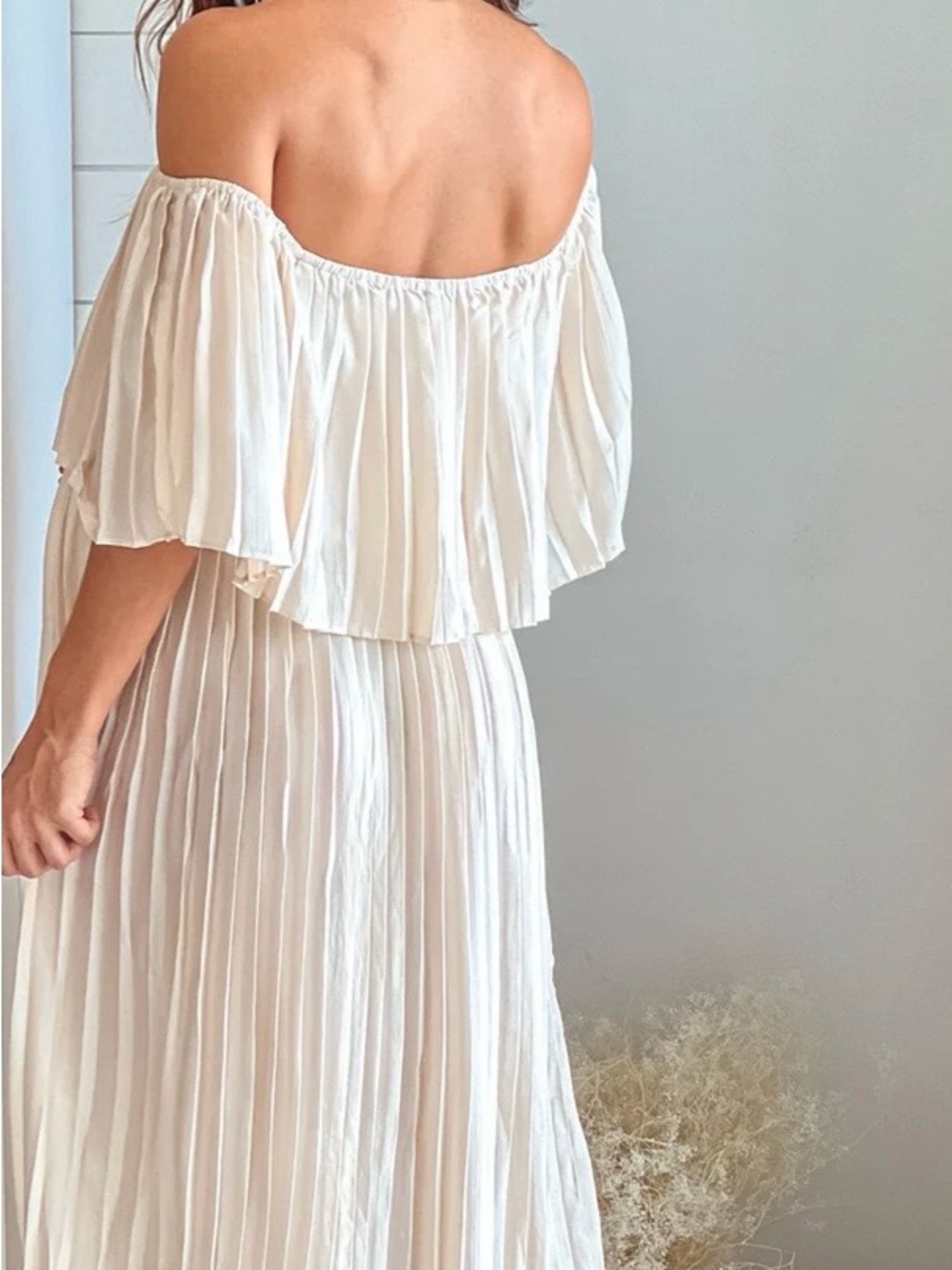 Off-Shoulder Pleated Cream Maxi Dress